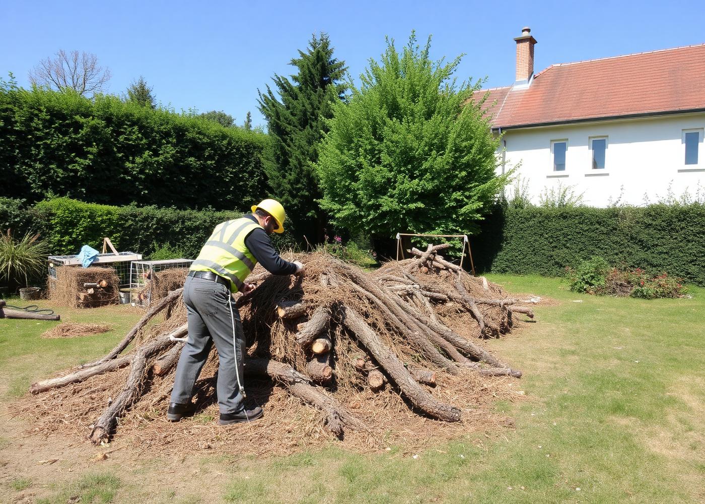 Équipe d'élagage nettoyant un chantier